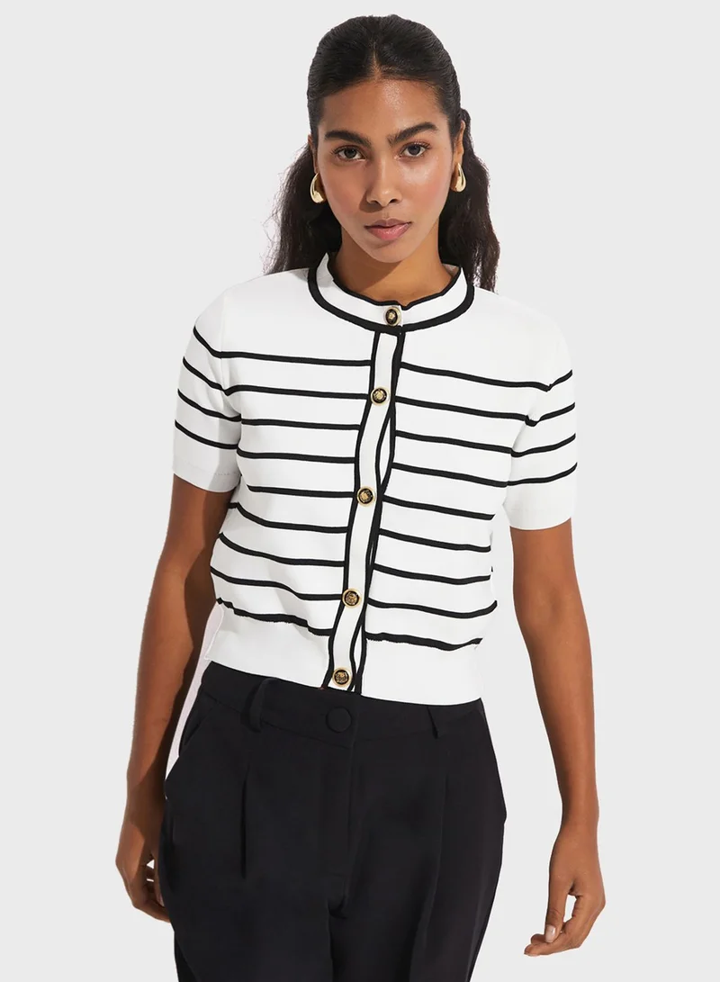جون Round Neck Knitted Striped Cardigan