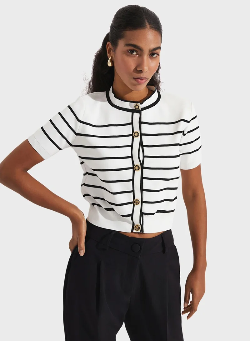جون Round Neck Knitted Striped Cardigan