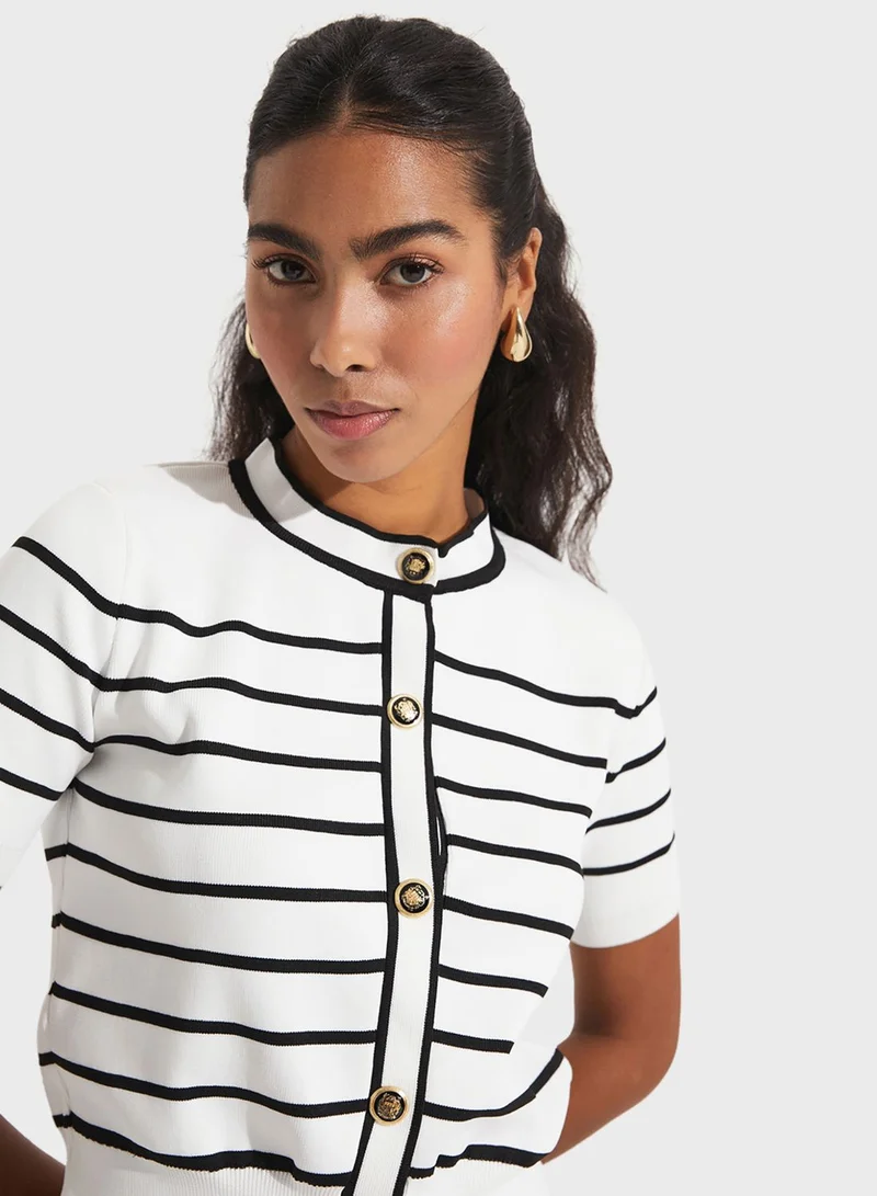 جون Round Neck Knitted Striped Cardigan