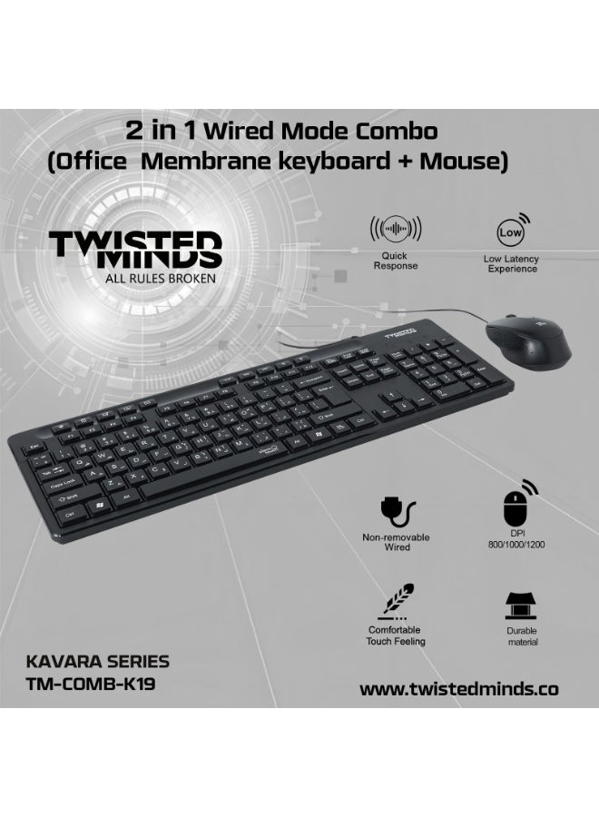 TWISTED MINDS TWISTEDMINDS K19 Kavara Series Combo TM‑K19‑KAVARA Wired Keyboard & Mouse – 114‑Key Compact Full Layout + Adjustable‑DPI Mouse | English & Arabic Layout | Multimedia Keys | Lightweight black - Image 2
