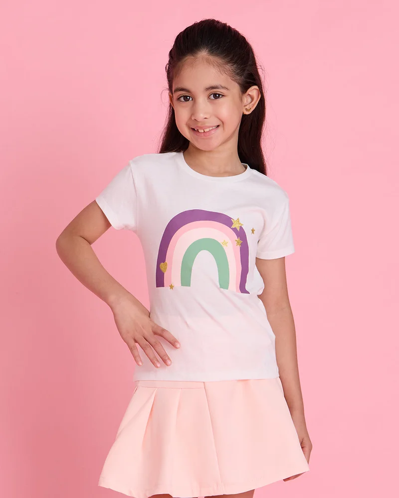 Redtag Girls White Rainbow Printed Short Sleeve T Shirt