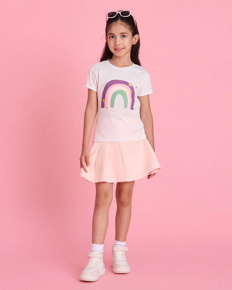 Redtag Girls White Rainbow Printed Short Sleeve T Shirt