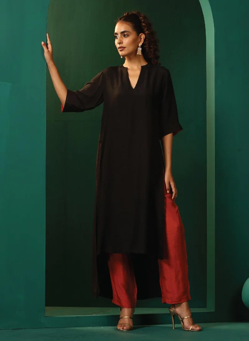 trueBrowns trueBrowns Black Silk High Low Kurta Pant Set