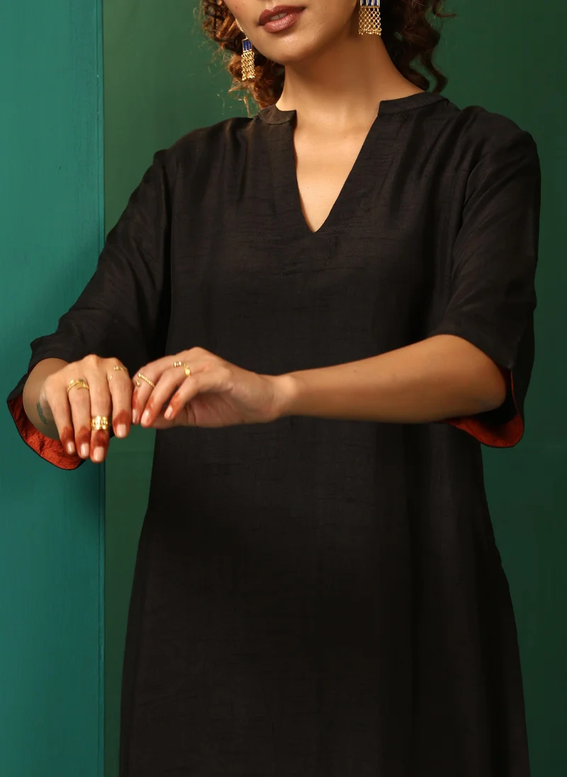 trueBrowns trueBrowns Black Silk High Low Kurta Pant Set