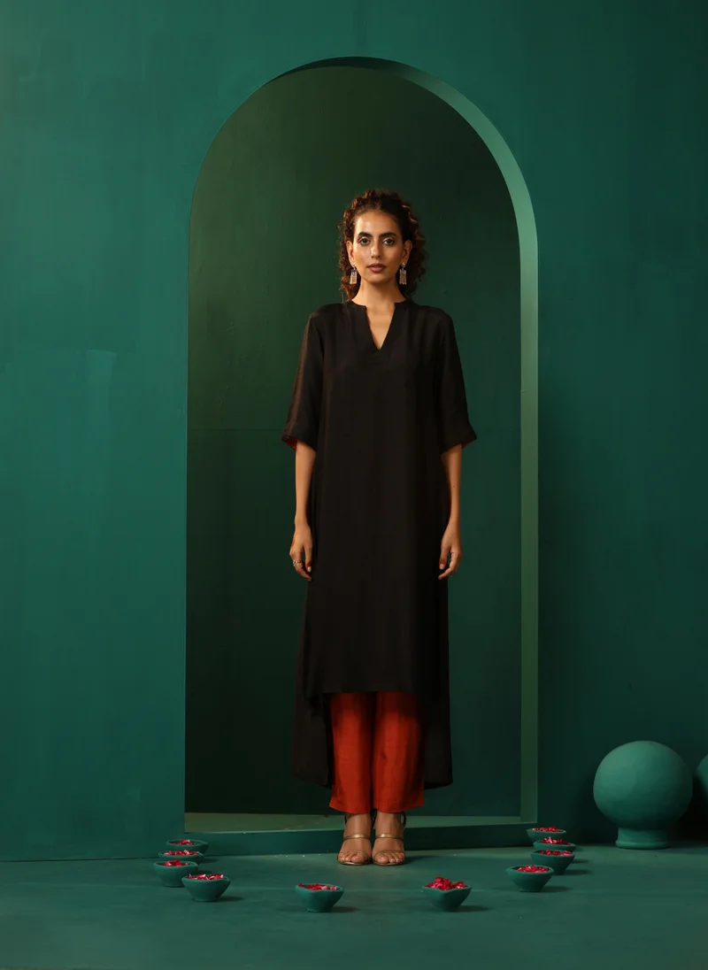 trueBrowns trueBrowns Black Silk High Low Kurta Pant Set