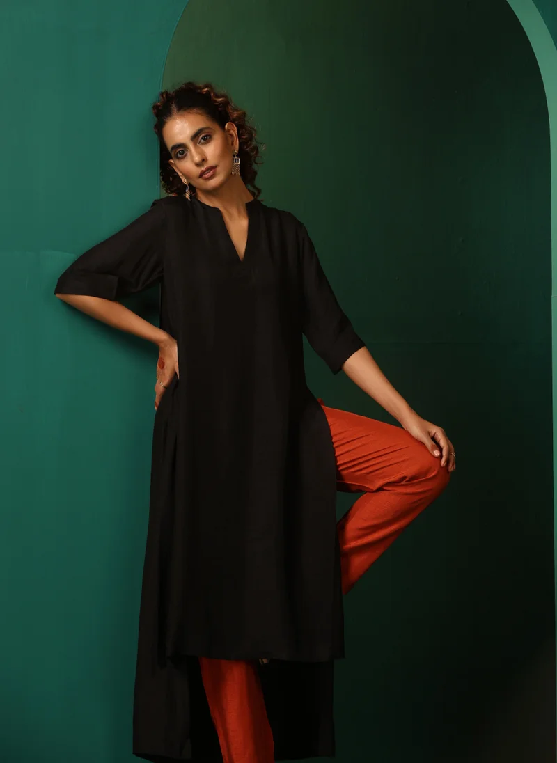 trueBrowns trueBrowns Black Silk High Low Kurta Pant Set