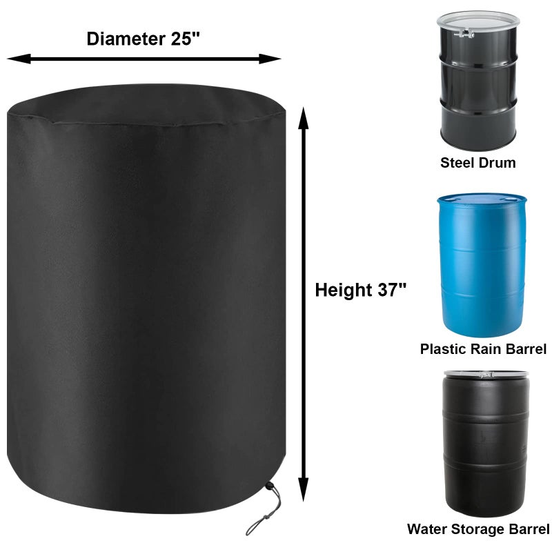 Capolo 55 Gallon Drum Cover Water Storage Barrel Cover Waterproof Outdoor Rain Barrel Cover Plastic Steel Barrel Water Collector Container Cover All Weather Protection with Drawstring, Black - Image 4