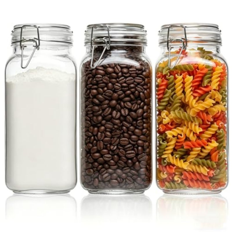 Airtight Glass Canister Set of 3 with Lids 78oz Food Storage Jar Square - Storage Container with Clear Preserving Seal Wire Clip Fastening for Kitchen Canning Cereal, Pasta, Sugar, Beans, Spice - Image 1