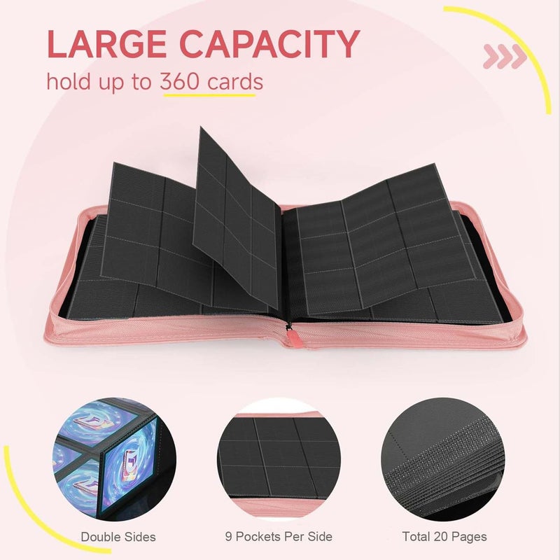 Deoyibu 9 Pocket Card Binder,360 Pockets Trading Card Binder,Double Sided Pocket Collection Binder,Card Folder for MTG,TCG,Game Cards,Sport Cards,Pink - Image 4