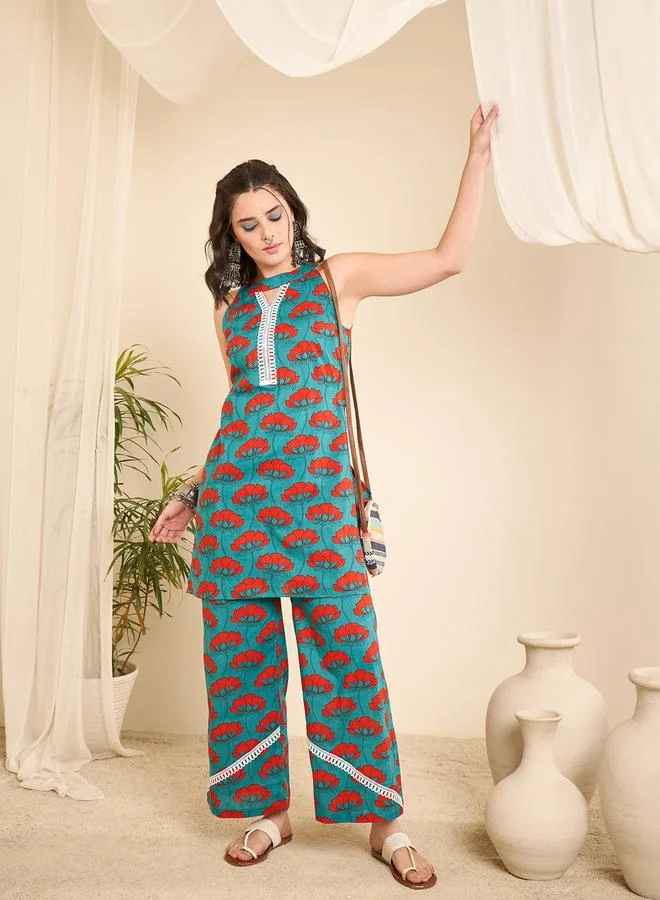 Winered Teal Floral Tunic And Wide-Leg Pants Co-Ord Set
