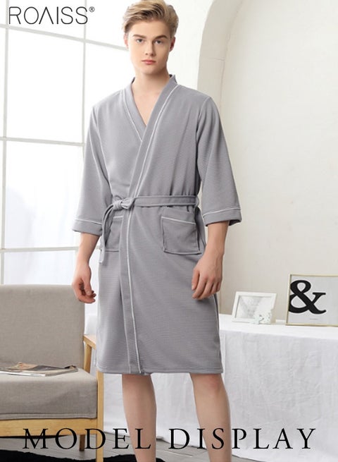 Couple's Matching Waffle Bathrobe Set Soft, Lightweight Unisex Robe Breathable Self-Tie Adjustable Wais Tband Quick-Drying Perfect for Post-Shower, Spa Days, Lounging at Home, Or Travel Grey