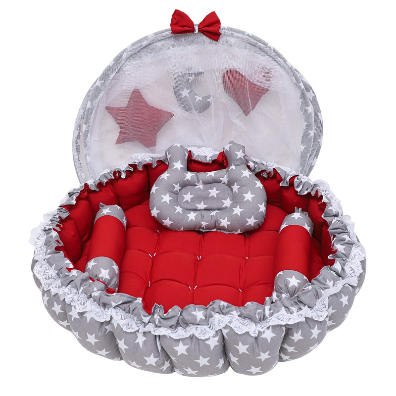 Remixon REMIXON Multicolor 3 Pillow with Mosquito Protection Net & Round Shape Cotton Baby Bed for 0-1 Year BB19  - Image 1