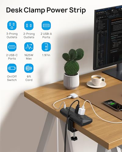 TROND 20W USB C Desk Clamp Power Strip - 1700J Surge Protector with 6 Outlets, Desktop Edge Mount Extension Cord, Fit 1.97" Tabletop, 6FT Flat Plug for Teacher Must Haves, Office, ETL List, Black - Image 3