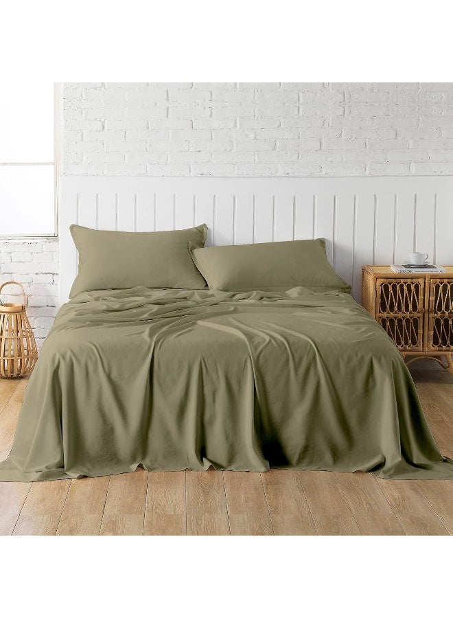 Olive Green Linen-Textured Bed Sheets Set, Bamboo Rayon, Cotton, Linen Blend Bed Sheets Queen Size, Soft Cool & Breathable for Hot Sleepers, Durable Natural Organic Bed 15'' Deep Pocket - 4 Piece  - Image 2
