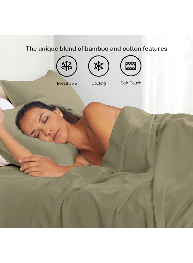 Olive Green Linen-Textured Bed Sheets Set, Bamboo Rayon, Cotton, Linen Blend Bed Sheets Queen Size, Soft Cool & Breathable for Hot Sleepers, Durable Natural Organic Bed 15'' Deep Pocket - 4 Piece  - Image 4