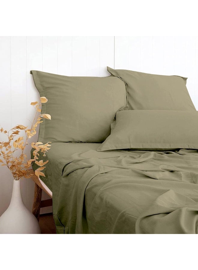Olive Green Linen-Textured Bed Sheets Set, Bamboo Rayon, Cotton, Linen Blend Bed Sheets Queen Size, Soft Cool & Breathable for Hot Sleepers, Durable Natural Organic Bed 15'' Deep Pocket - 4 Piece  - Image 1