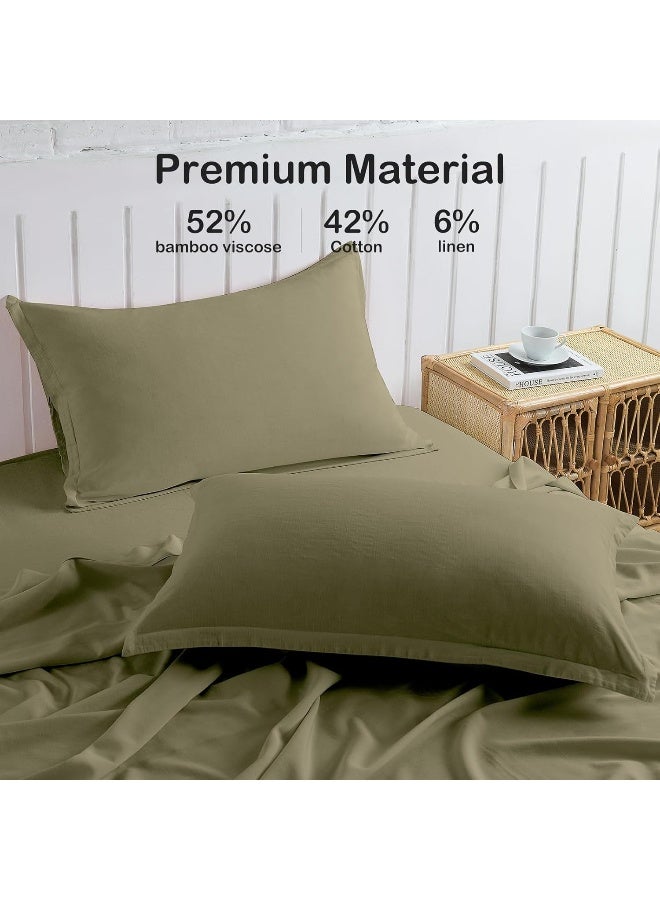 Olive Green Linen-Textured Bed Sheets Set, Bamboo Rayon, Cotton, Linen Blend Bed Sheets Queen Size, Soft Cool & Breathable for Hot Sleepers, Durable Natural Organic Bed 15'' Deep Pocket - 4 Piece  - Image 3