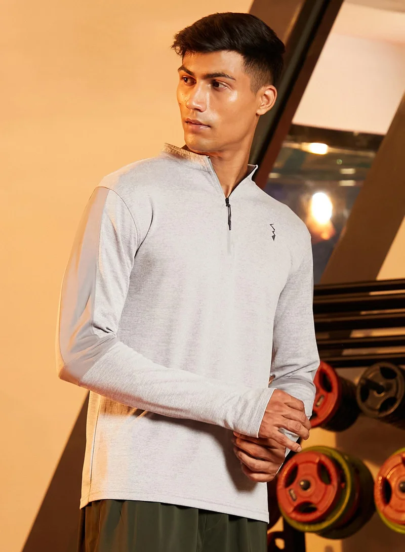 كامبوس سوترا Men's Light Grey Heathered Self-Design Activewear T-Shirt For Casual Wear | Mock Neck | Long Sleeve | Anti-Odor | Dri-Fit | Jersey T-Shirt Crafted With Comfort Fit & High-Performance