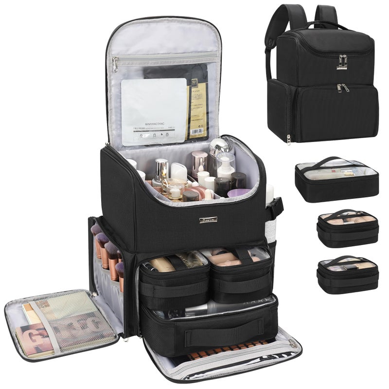 Relavel Makeup Backpack Large Makeup Bag with 3 Clear Set Bags, Dual Layer Professional Cosmetic Organizer Travel Train Case Makeup Artist Kit with Adjustable Dividers & Easy to Clean Lining, Black - Image 1