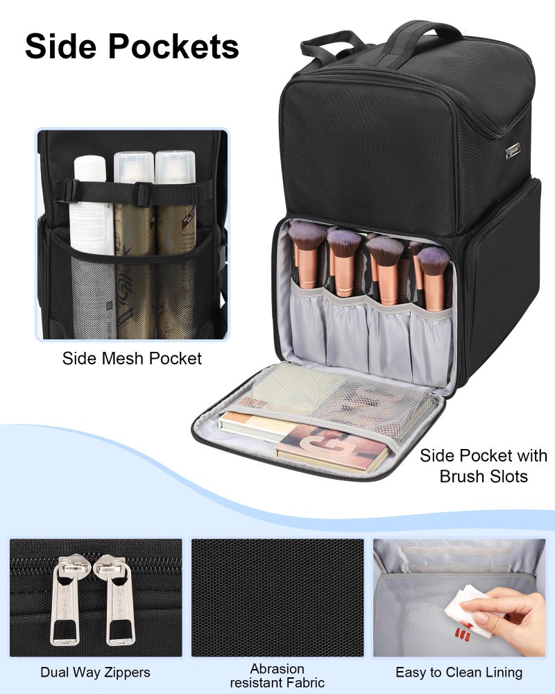 Relavel Makeup Backpack Large Makeup Bag with 3 Clear Set Bags, Dual Layer Professional Cosmetic Organizer Travel Train Case Makeup Artist Kit with Adjustable Dividers & Easy to Clean Lining, Black - Image 5