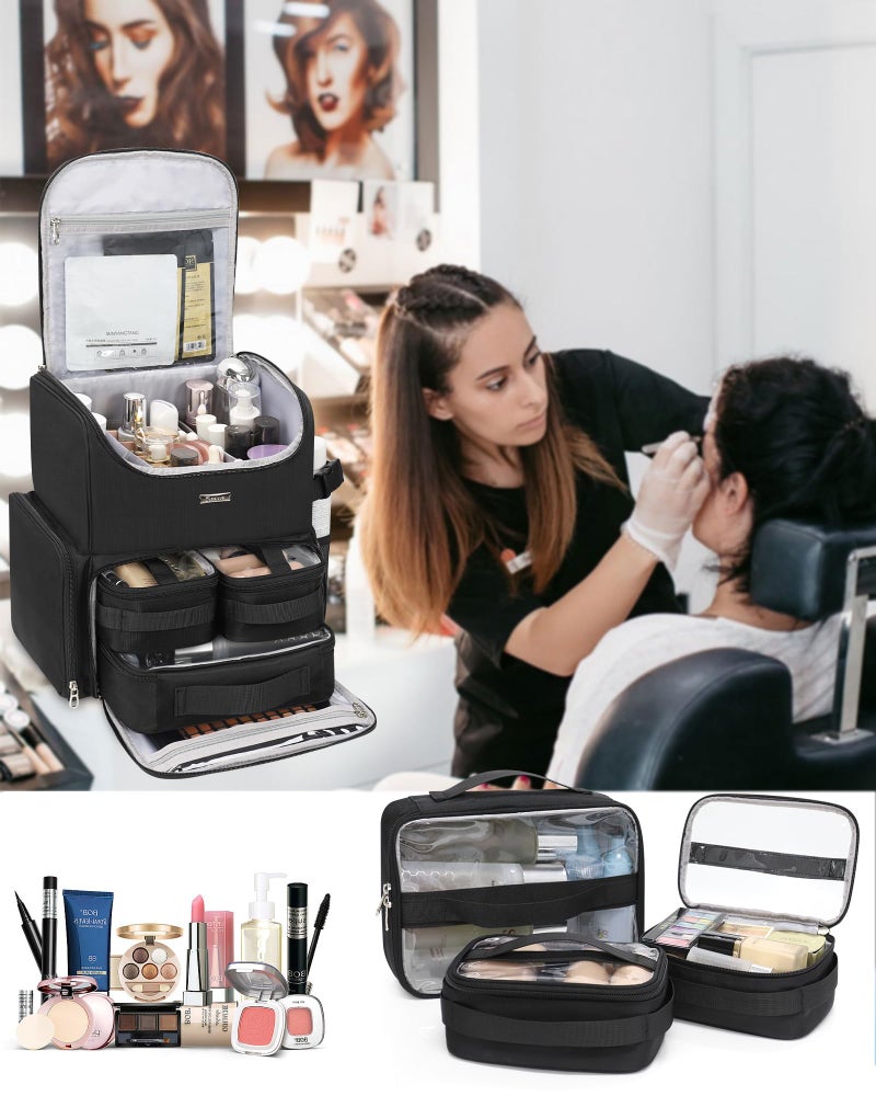 Relavel Makeup Backpack Large Makeup Bag with 3 Clear Set Bags, Dual Layer Professional Cosmetic Organizer Travel Train Case Makeup Artist Kit with Adjustable Dividers & Easy to Clean Lining, Black - Image 2