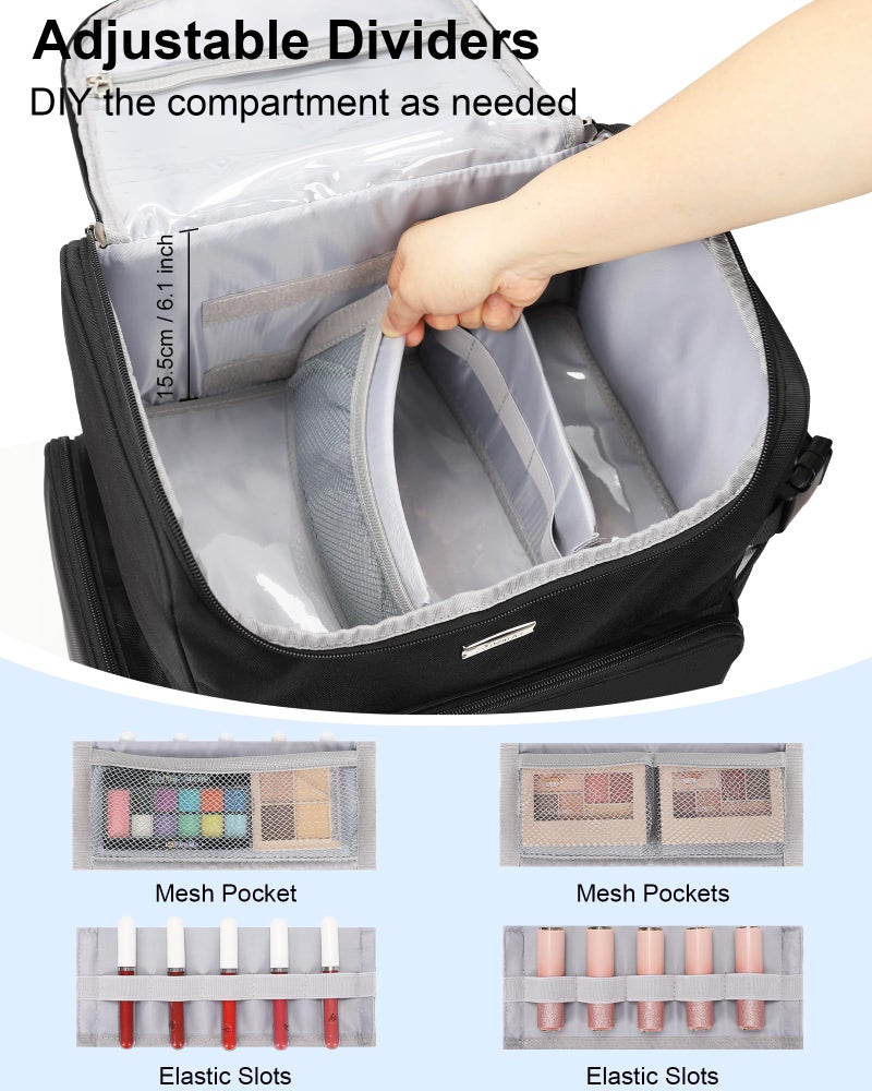 Relavel Makeup Backpack Large Makeup Bag with 3 Clear Set Bags, Dual Layer Professional Cosmetic Organizer Travel Train Case Makeup Artist Kit with Adjustable Dividers & Easy to Clean Lining, Black - Image 4