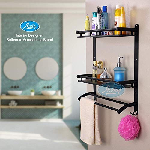 HANDY Heavy Duty Stainless Steel Bathroom Shelf, 2 Layer Shelves with Towel Bar Wall Mounted, Shower Storage 16 inches, Silver Finish/Stainless Steel (2 Layer Shelf Black) - Image 2