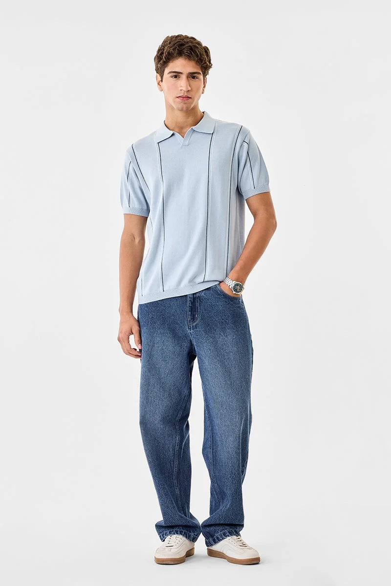 سنيتش Light Blue Striped Half Sleeve Regular Fit T-Shirt