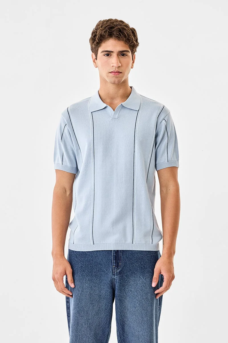 سنيتش Light Blue Striped Half Sleeve Regular Fit T-Shirt