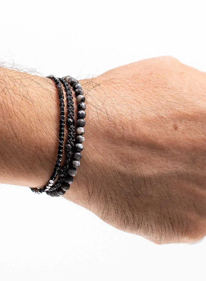 CHRYSOSTOMOS Handmade Adjustable Beaded Bracelet for Men with Multi-Line Matte Larvikite and Polygonal Hematite