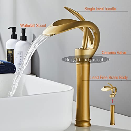 Chiczam Bathroom Faucet Vessel Sink Antique Gold Waterfall Spout Single Handle One Hole Vanity Bowl Basin Lavatory Brass Creative Hollowed Tall Body Design Farmhouse Deck Mount Luxury - Image 4
