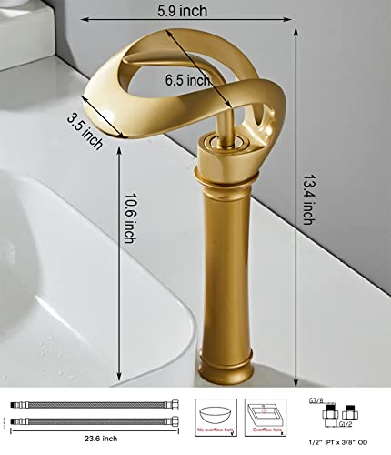 Chiczam Bathroom Faucet Vessel Sink Antique Gold Waterfall Spout Single Handle One Hole Vanity Bowl Basin Lavatory Brass Creative Hollowed Tall Body Design Farmhouse Deck Mount Luxury - Image 2