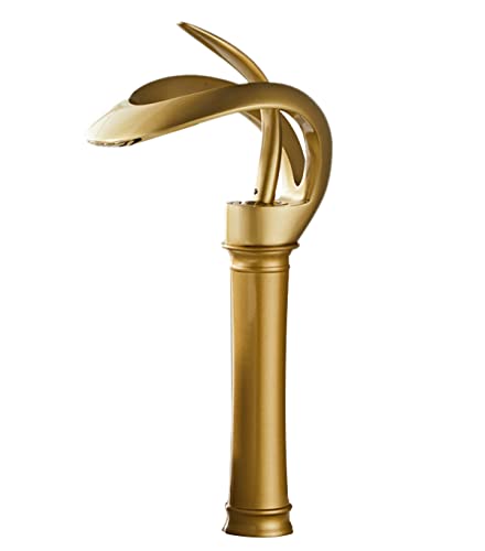 Chiczam Bathroom Faucet Vessel Sink Antique Gold Waterfall Spout Single Handle One Hole Vanity Bowl Basin Lavatory Brass Creative Hollowed Tall Body Design Farmhouse Deck Mount Luxury - Image 1