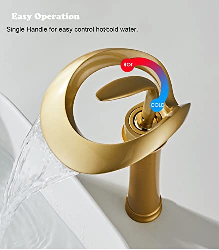 Chiczam Bathroom Faucet Vessel Sink Antique Gold Waterfall Spout Single Handle One Hole Vanity Bowl Basin Lavatory Brass Creative Hollowed Tall Body Design Farmhouse Deck Mount Luxury - Image 3