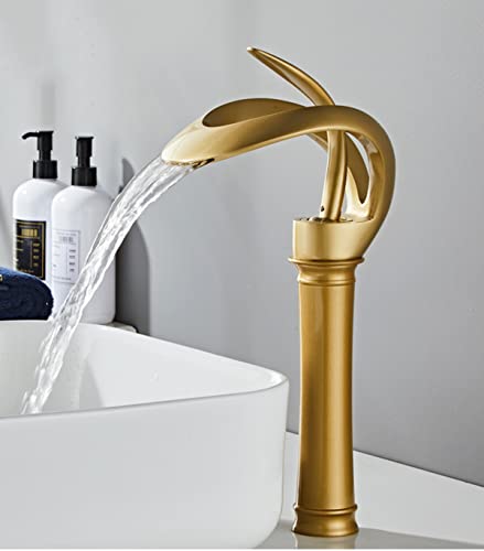 Chiczam Bathroom Faucet Vessel Sink Antique Gold Waterfall Spout Single Handle One Hole Vanity Bowl Basin Lavatory Brass Creative Hollowed Tall Body Design Farmhouse Deck Mount Luxury - Image 5