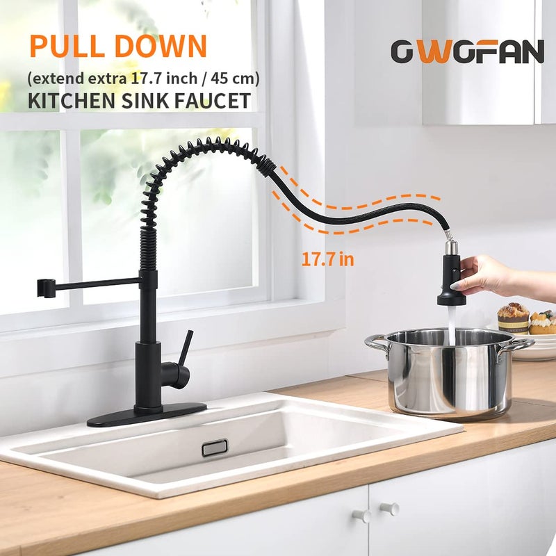 OWOFAN Black Kitchen Faucet with Pull Down Sprayer Stainless Steel Single Handle Pull Out Spring Sink Faucets 1 Hole Or 3 Hole Dual Function for Farmhouse Camper Laundry Utility Rv Wet Bar - Image 3