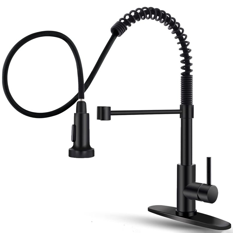 OWOFAN Black Kitchen Faucet with Pull Down Sprayer Stainless Steel Single Handle Pull Out Spring Sink Faucets 1 Hole Or 3 Hole Dual Function for Farmhouse Camper Laundry Utility Rv Wet Bar - Image 1