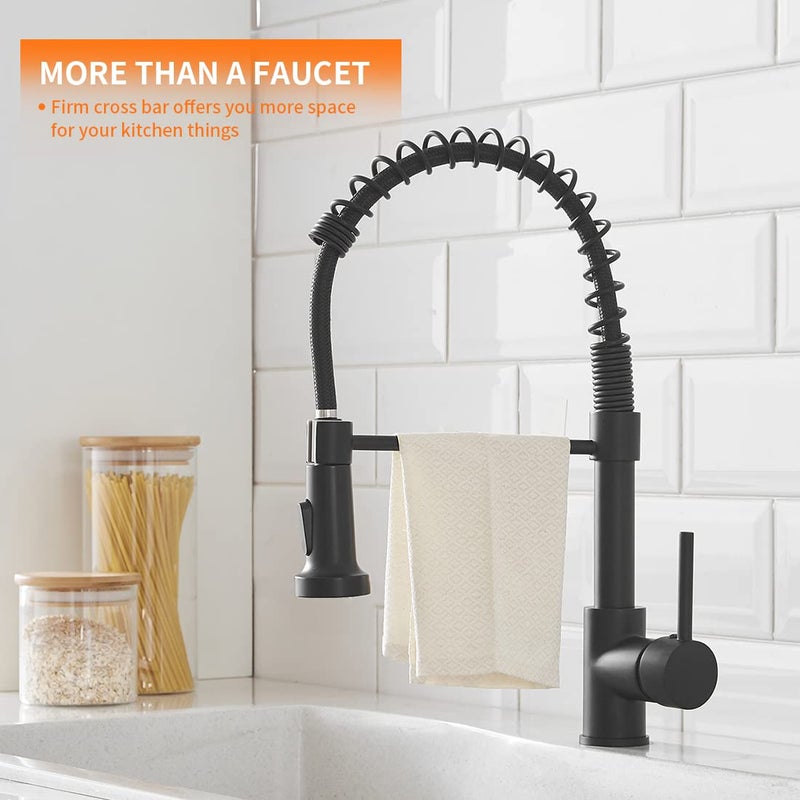 OWOFAN Black Kitchen Faucet with Pull Down Sprayer Stainless Steel Single Handle Pull Out Spring Sink Faucets 1 Hole Or 3 Hole Dual Function for Farmhouse Camper Laundry Utility Rv Wet Bar - Image 2