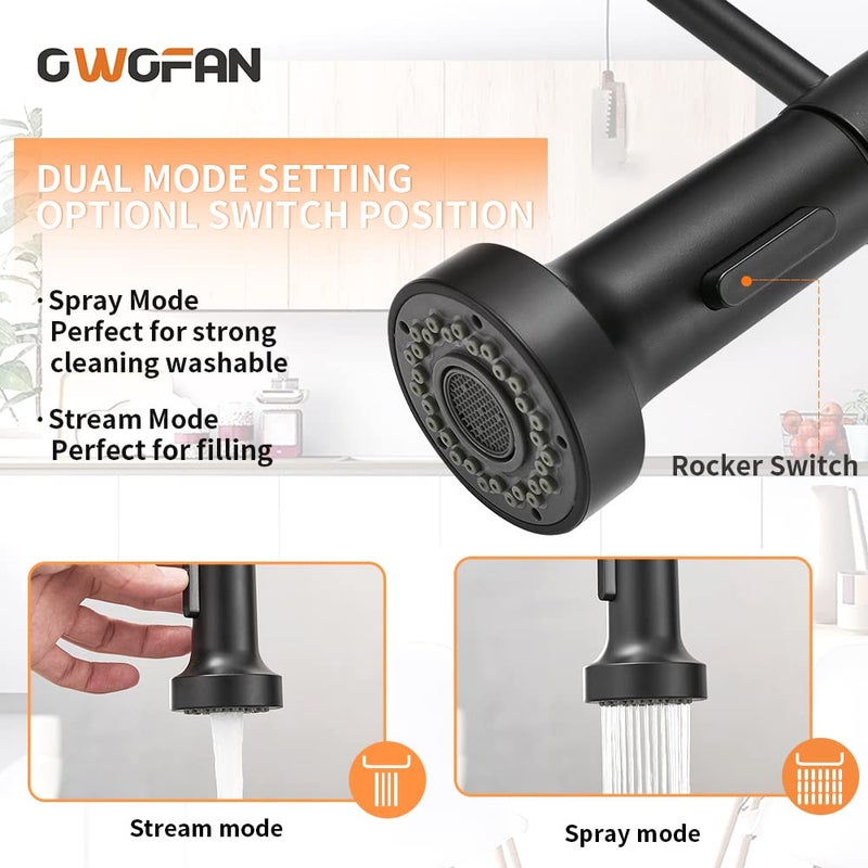 OWOFAN Black Kitchen Faucet with Pull Down Sprayer Stainless Steel Single Handle Pull Out Spring Sink Faucets 1 Hole Or 3 Hole Dual Function for Farmhouse Camper Laundry Utility Rv Wet Bar - Image 5