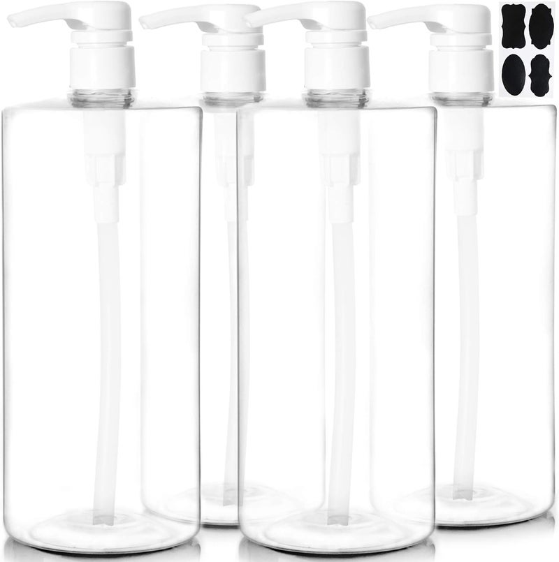 Youngever 4 Pack Pump Bottles for Shampoo 32 Ounce (1 Liter), Empty Shampoo Pump Bottles, Plastic Cylinder with Lockdown-Leak Proof-Pumps (White Pump)