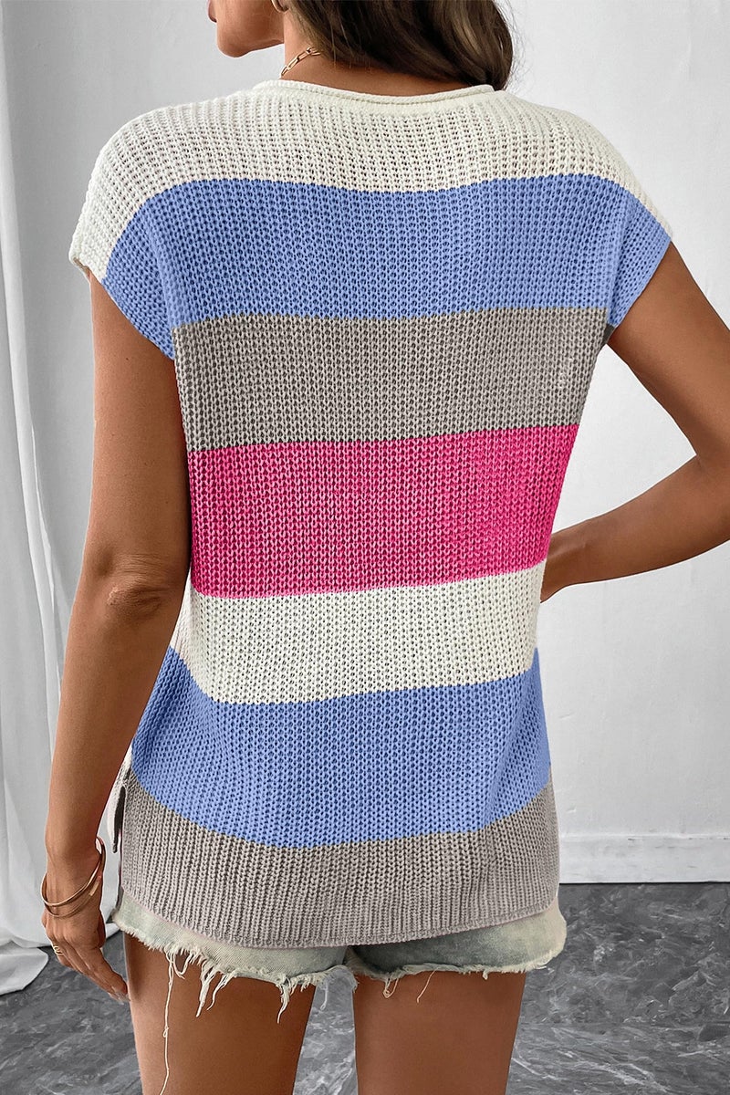 Shein SHEWIN Sweaters for Women V Neck Womens Short Sleeve Tops Lightweight Striped Sweater Vest Pullover Casual Tops for Women Trendy Beau Blue Large - Image 3