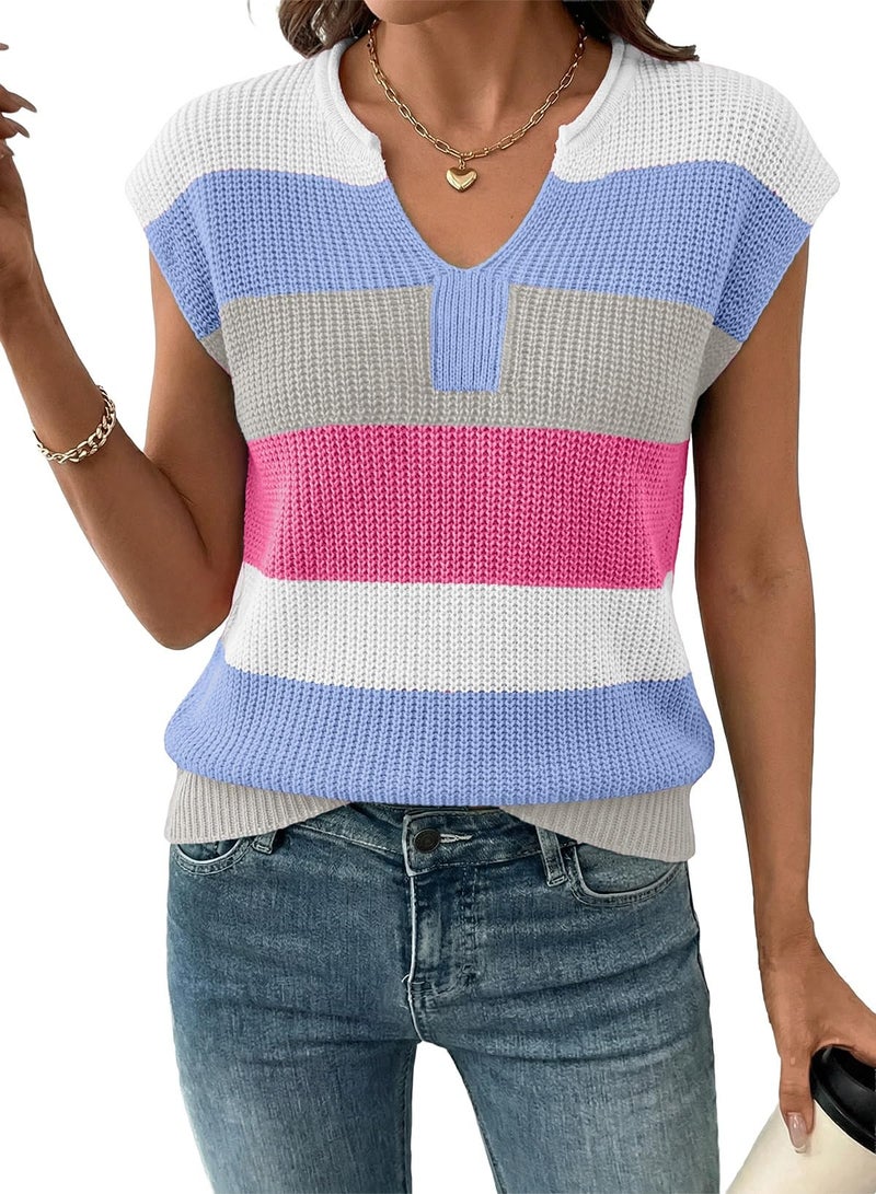 Shein SHEWIN Sweaters for Women V Neck Womens Short Sleeve Tops Lightweight Striped Sweater Vest Pullover Casual Tops for Women Trendy Beau Blue Large - Image 1