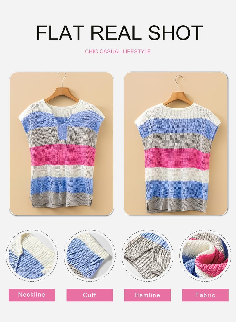 Shein SHEWIN Sweaters for Women V Neck Womens Short Sleeve Tops Lightweight Striped Sweater Vest Pullover Casual Tops for Women Trendy Beau Blue Large - Image 5