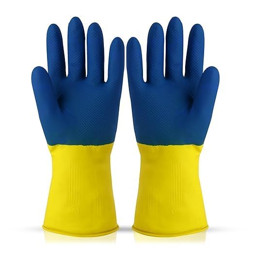 LADWA Heavy Duty Rubber Cleaning Gloves, Blue Color Reusable Waterproof Household Gloves for Dishwashing, Kitchen Cleaning, Gardening and Bathroom Use with Comfortable Fit (Pack of 1 Pair) - Image 1
