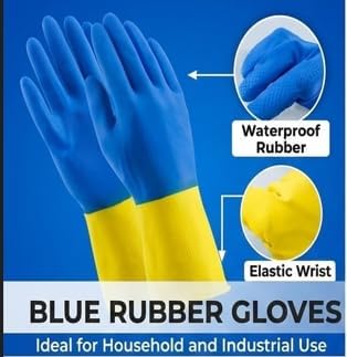 LADWA Heavy Duty Rubber Cleaning Gloves, Blue Color Reusable Waterproof Household Gloves for Dishwashing, Kitchen Cleaning, Gardening and Bathroom Use with Comfortable Fit (Pack of 1 Pair) - Image 3