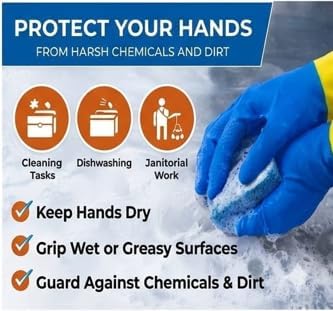 LADWA Heavy Duty Rubber Cleaning Gloves, Blue Color Reusable Waterproof Household Gloves for Dishwashing, Kitchen Cleaning, Gardening and Bathroom Use with Comfortable Fit (Pack of 1 Pair) - Image 4
