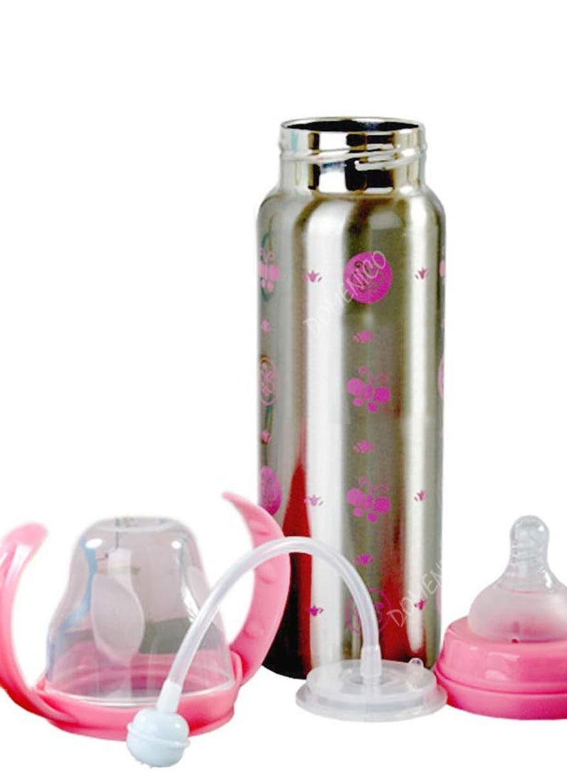 DOMENICO DOMENICO Stainless Steel Baby Feeding Bottle for New Born Baby/Toddler/BPA Free/Stylish Design with Handles / 180 ml (Pink)  - Image 1