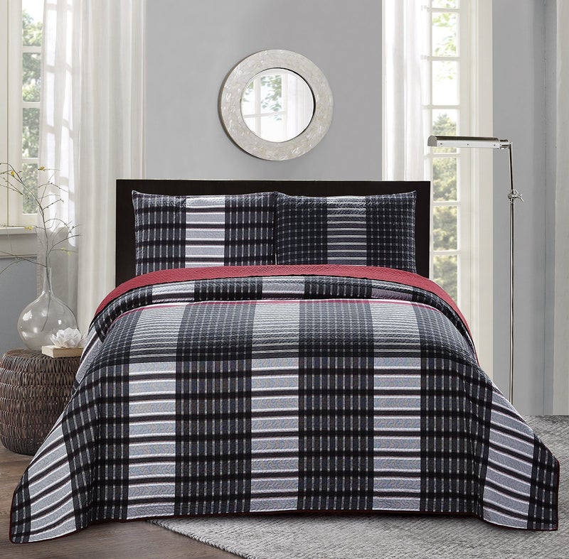 All American Collection All American Collection New 2pc Plaid Printed Reversible BedspreadQuilt Set Twin Size 