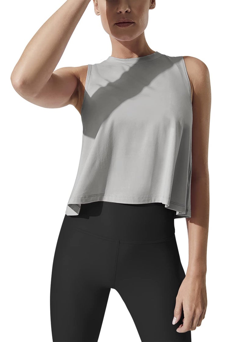 Mippo Cropped Workout Tops for Women Workout Shirts Sleeveless Tank Flowy Loose Crop High Neck Tank Tops Gray M - Image 1