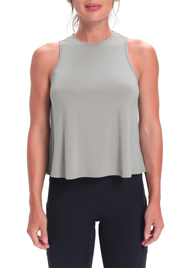 Mippo Cropped Workout Tops for Women Workout Shirts Sleeveless Tank Flowy Loose Crop High Neck Tank Tops Gray M - Image 2
